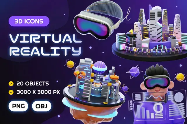Virtual Reality 3D Icon Pack 20款VR虚拟现实设备操作3D人物演示插图插画webp免抠图片设计素材
