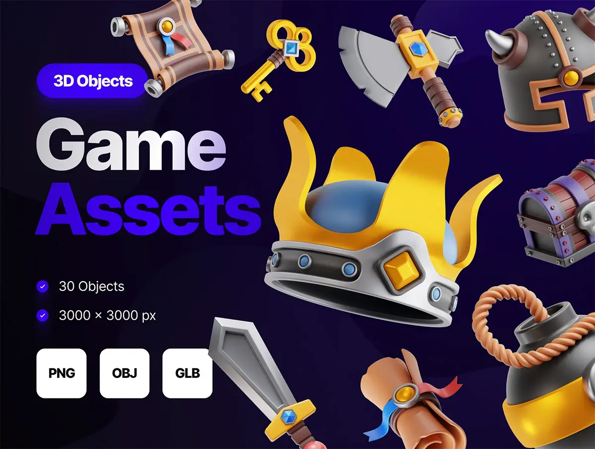 3D Game Assets Illustrations  30款3D卡通中世纪手机游戏装备插图插画icon图标webp免抠图片素材