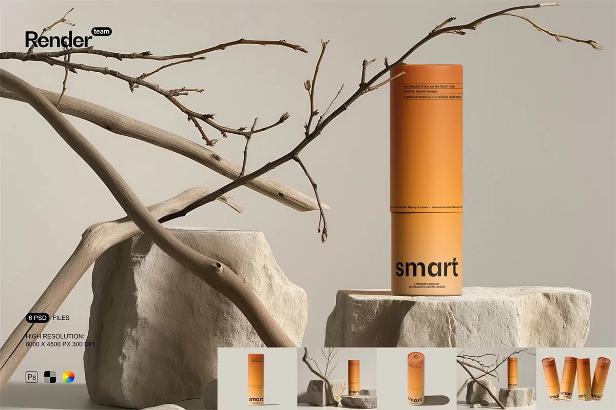 Paper Tube Mockup Set 6款自然艺术圆形纸管文创纸筒文具产品包装ps样机素材展示效果图
