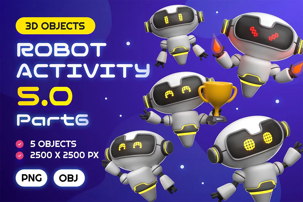 Robot 5.0 3D Icon Pack 30款3D卡通趣味未来科技人工智能机器人插图插画webp免抠图片素材