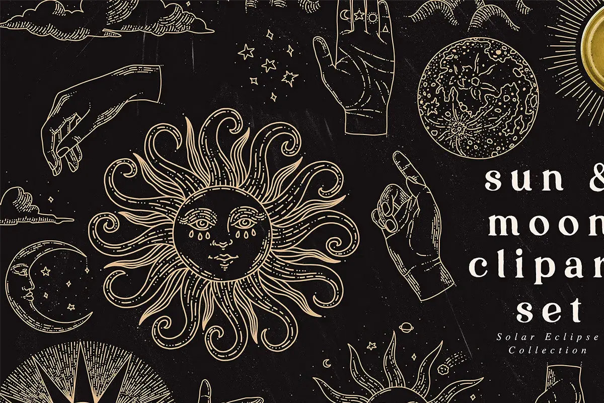Sun Moon Celestial Vintage Set 27款复古占星术月亮太阳星球手势手绘矢量插画插图AI设计素材