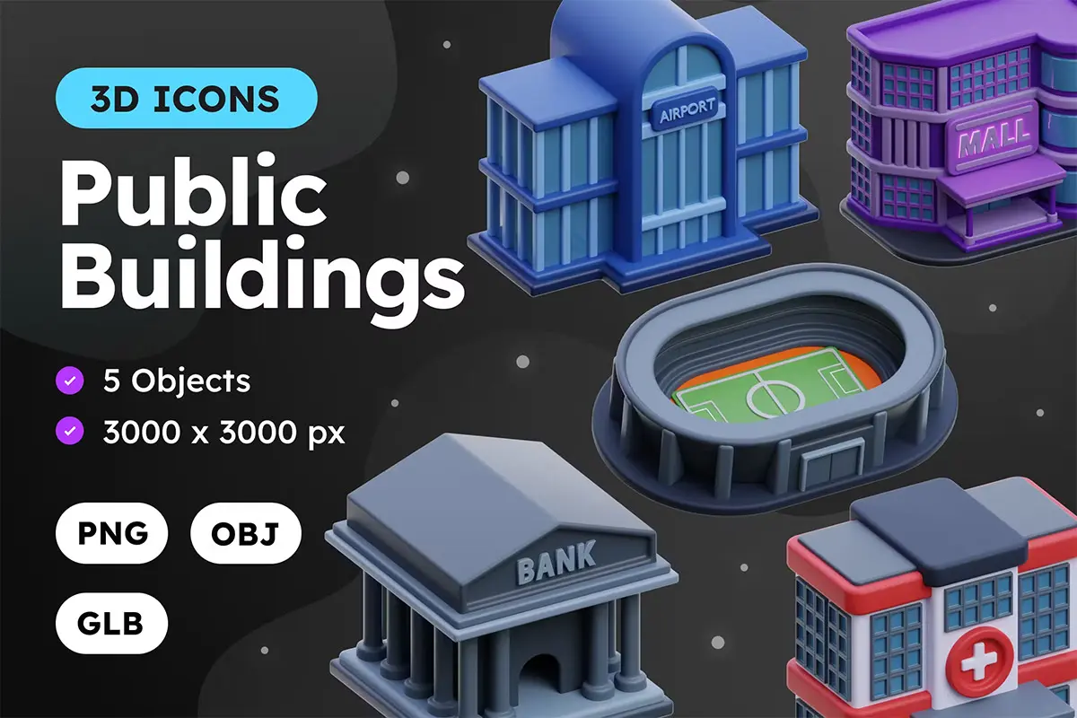 Public Buildings 3D Icon Pack  10款3D卡通公共建筑医院体育馆银行博物馆警局icon图标webp免抠图片素材