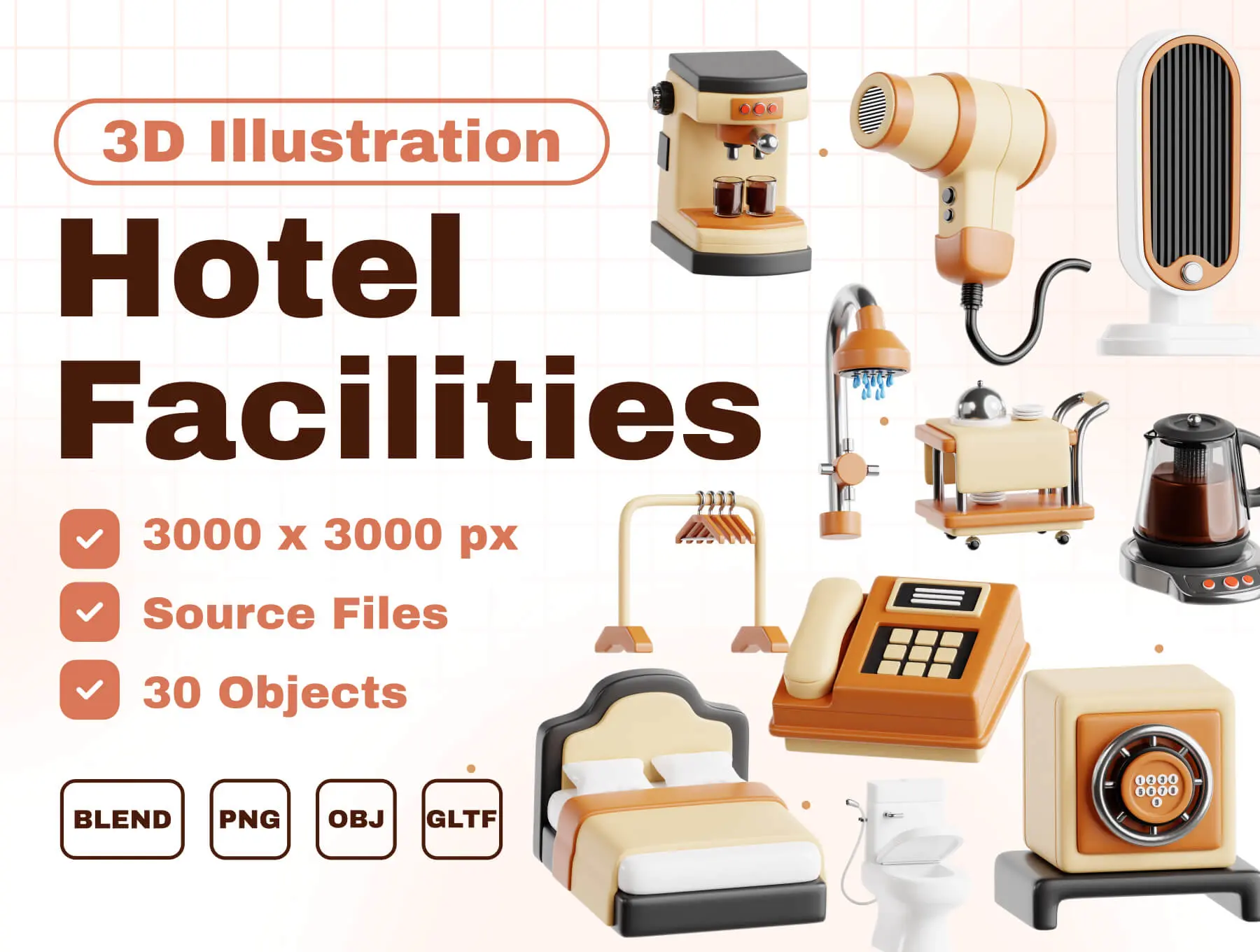 Hotel Facilities 3D Icon Set 30款酒店设施酒店用品宾馆住宿插图插画3D图标icon设计素材