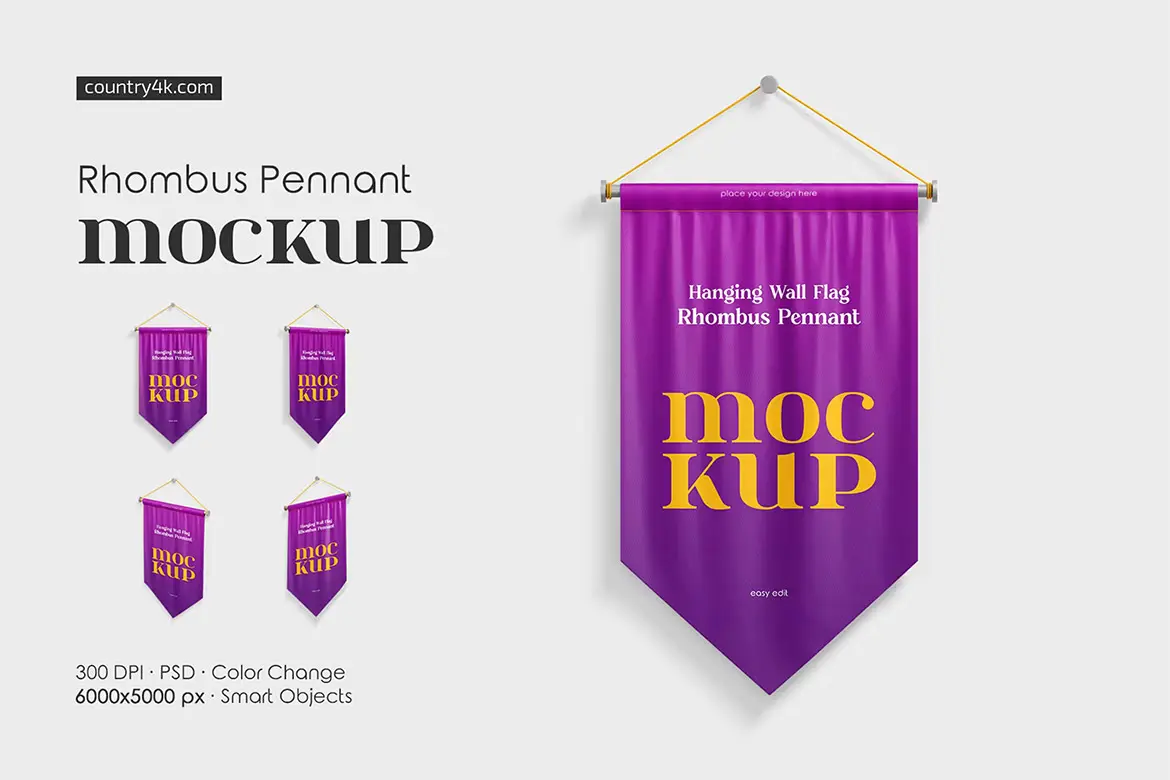 Hanging Wall Flag Rhombus Pennant Mockup Set 悬挂在墙上的三角旗帜锦旗模型logo标识广告展示设计贴图ps样机素材