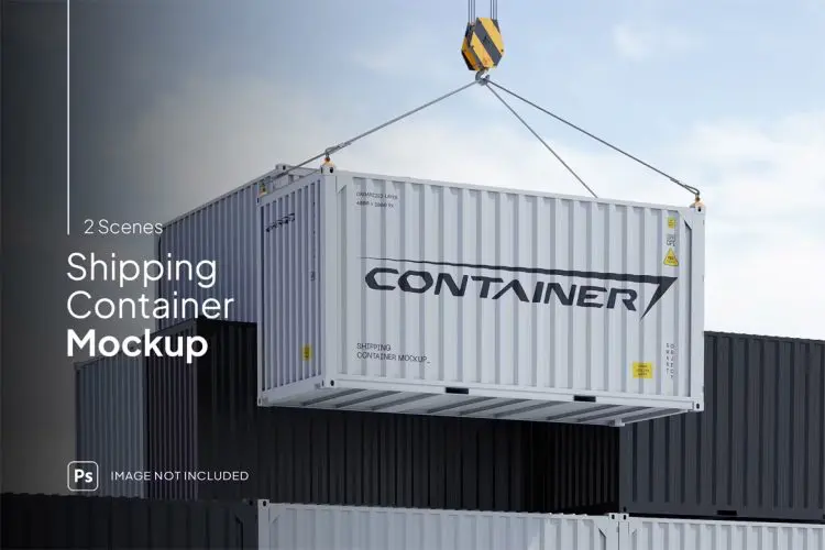 Shipping Container Mockup  2款码头吊装货运集装箱涂装设计贴图ps样机素材场景展示效果图