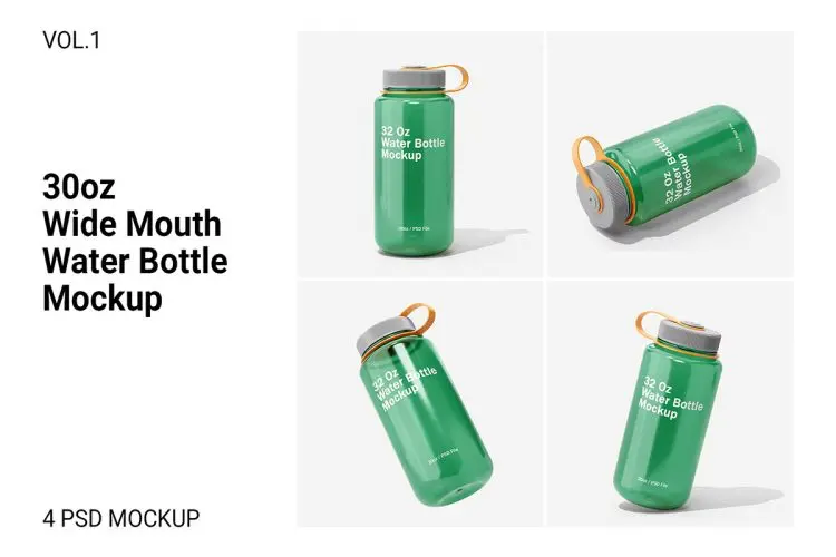 32oz Wide Mouth Water Bottle Mockup Vol.1  透明广口塑料水杯设计PS展示贴图效果图样机模板素材