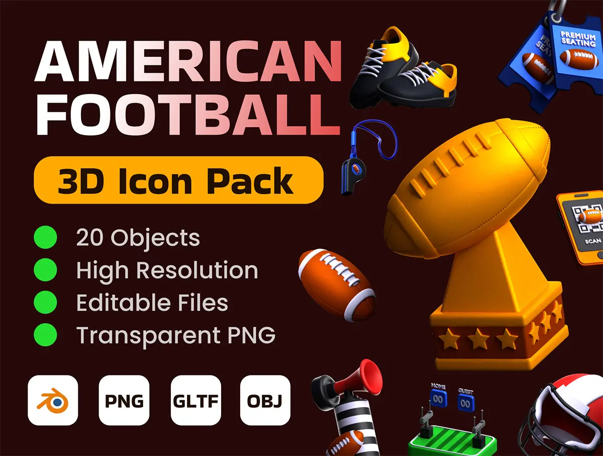 American Football 3D Icon Pack 20款美式足球橄榄球运动元素3D图标icon设计素材webp免抠图片