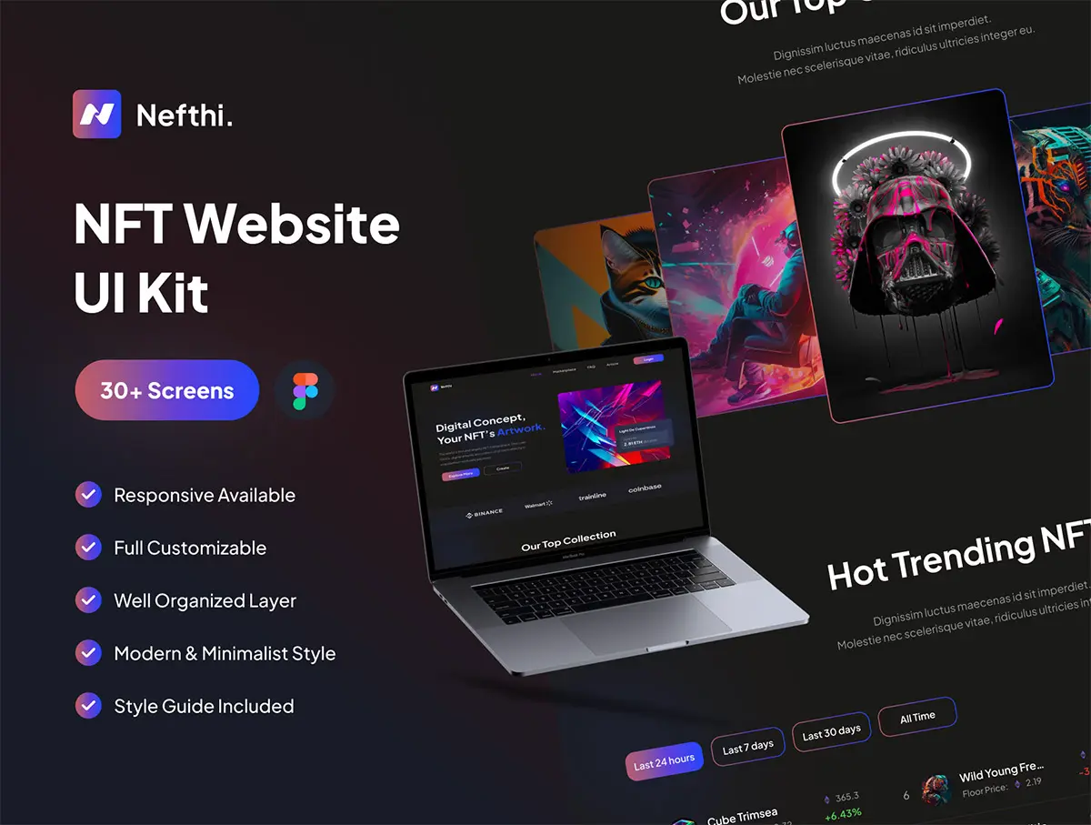 Nefthi – NFT Website UI Kit  30+屏暗黑风NFT数字藏品交易平台网站登录界面设计Figma模板套件