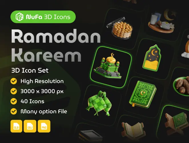 Ramadan Kareem 3d Icon Set 40款伊斯兰斋月节庆典装饰元素3D图标icon设计素材webp免抠图片