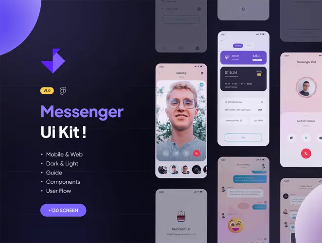 Messenger Mobile and Desktop App UI Kit 130多屏国外类微信在线社交消息聊天app界面设计明暗iu套件模板