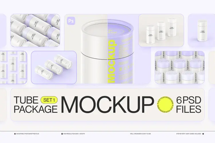 Paper Tube Package Mockup Set 1 6款圆形纸管文具收纳纸筒文创产品包装设计ps样机素材展示效果图