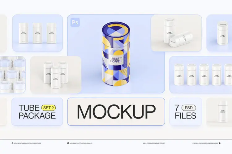 Paper Tube Package Mockup Set 2 7款圆形纸管收纳纸筒文创产品包装盒设计ps样机素材展示效果图