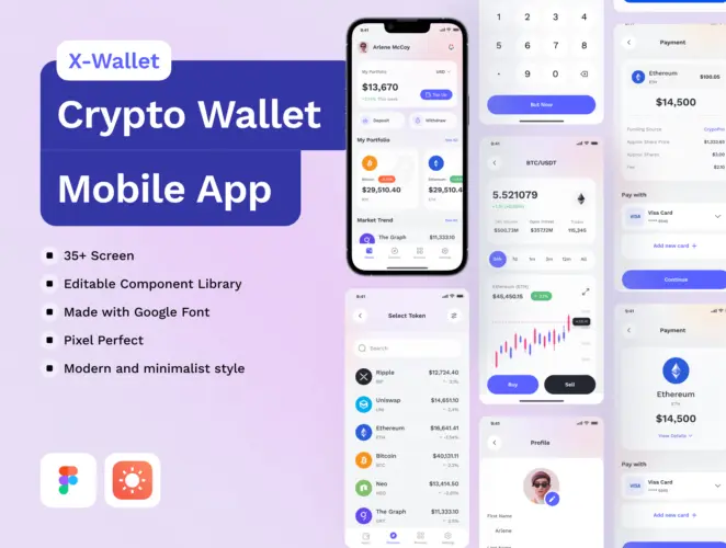 X-Wallet Crypto Wallet Premium UI Kits App  35屏优质加密货币在线支付钱包app用户界面设计ui套件模板