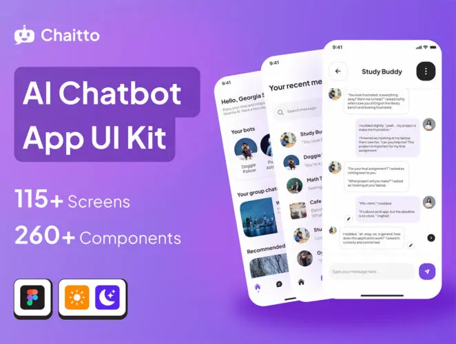 Chaitto – AI Chatbot App UI Kit 115屏国外人工智能Ai对话聊天app用户界面设计ui套件模板