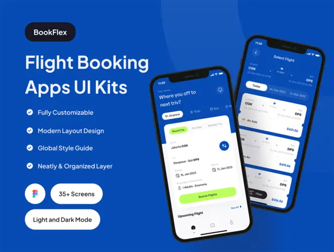 BookFlex – Flight Booking Apps UI Kit 35屏国外航班机票预订平台手机app用户界面设计ui套件模板