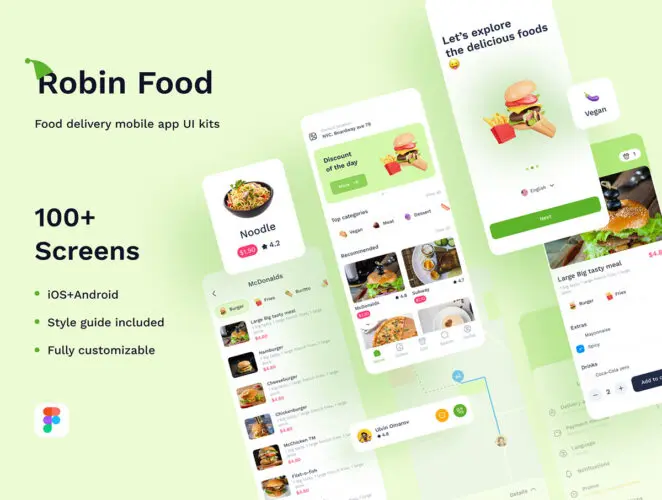 Robin Food – Food delivery mobile app UI kits 100屏美食外卖在线订餐配送app界面设计ui套件明暗模板