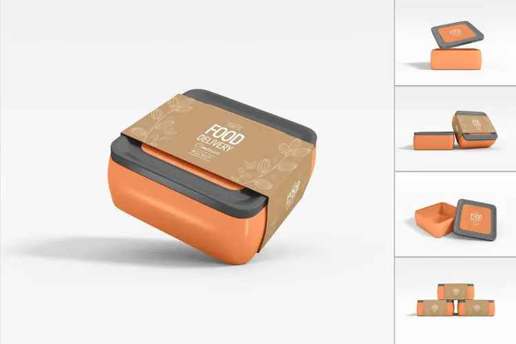 Food Container Sleeve Packaging Mockup Set  5款极简食品外卖食盒餐盒包装盒塑料盒包装设计展示PSD样机