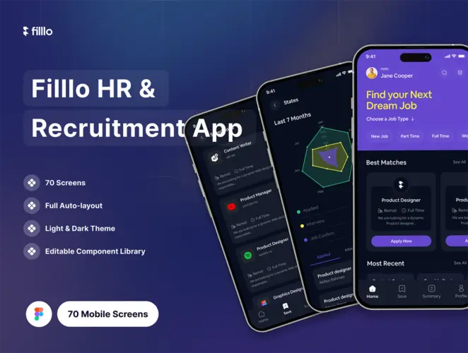 HR & Recruitment App UI Kit  70屏人力资源和招聘应用程序用户界面app设计ui套件明暗模板