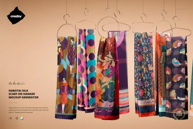 Habotai Silk Scarf on Hanger Mockup 复古黄铜金属衣架丝巾围巾丝绸真丝面料印花图案设计ps样机素材