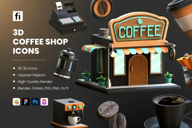 3D Café Icon Set 30款咖啡店咖啡制作工具营销展示3D图标icon设计素材webp免抠图片