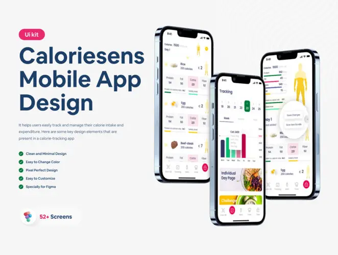 Calorie Tracking Mobile App 52屏人体健康膳食营养卡路里信息跟踪app用户界面设计ui套件模板