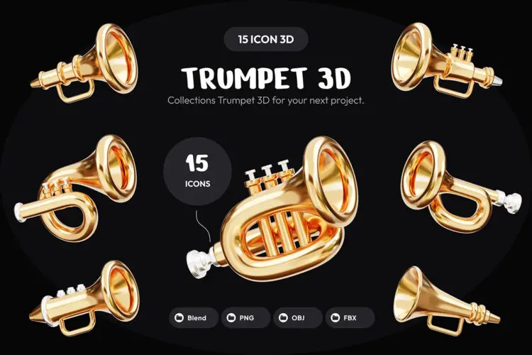Trumpet Music Equipment 3D Icon Set 15款金色小号乐器插图插画3D图标icon设计素材webp免抠图