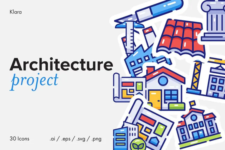 Architecture Project Icon Set 30个建筑项目测量绘制工具icon线面结合图标矢量素材