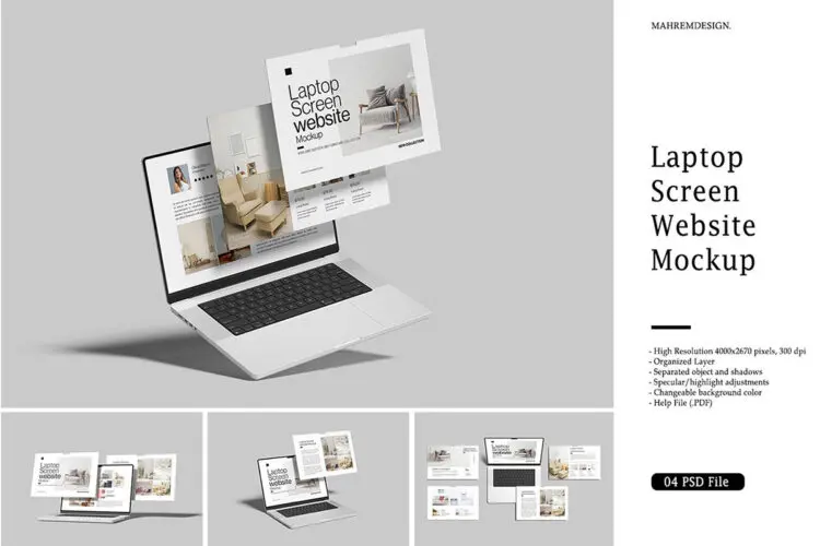 Laptop Screen Website Mockup 笔记本电脑模型屏幕网页ui设计作品展示贴图ps样机素材