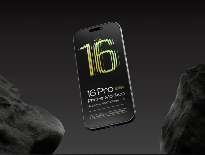 iPhone 16 Pro Mockups – 10 scenes 10款岩石工业风iPhone 16手机广告ui设计作品ps样机演示效果图
