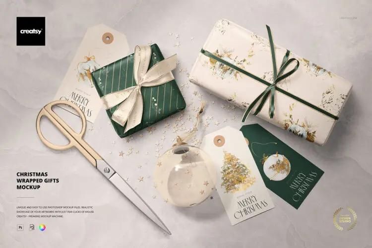 Christmas Wrapped Gifts Mockup 圣诞节新年礼物盒礼品纸盒包装纸标签卡片设计ps样机展示效果图