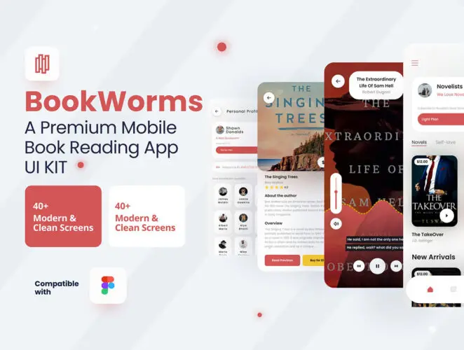 BookWorms – An Ebook Reading, Audio, Video Books Mobile App UI Kit 电子书阅读、音频、视频图书移动应用程序 UI 套件