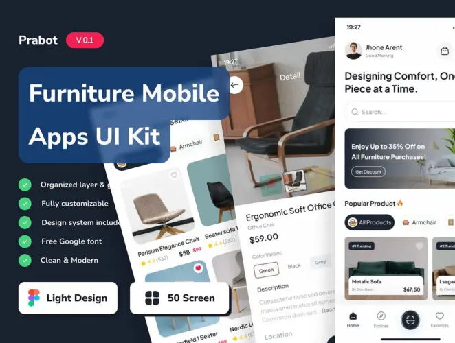 Prabot – Furniture Mobile App UI Kits 50屏家居电商移动应用app设计用户界面ui套件模板