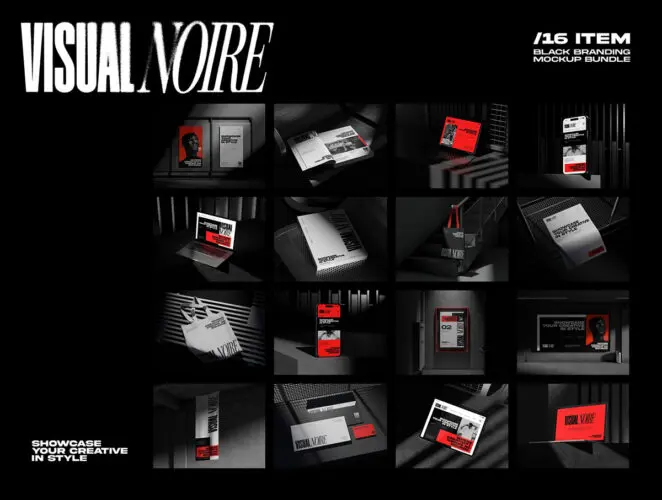 Visual Noire – Dark Style Branding Mockup Bundle 16款水泥工业风海报文具拎袋数码VI应用设计贴图ps样机素材合集