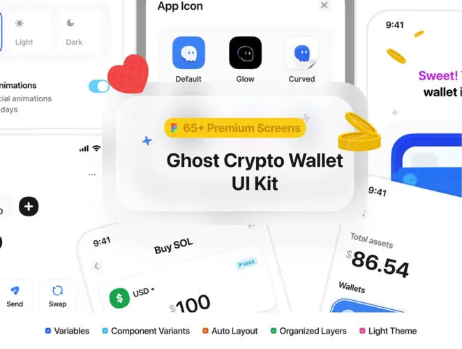 专为 Web3 和金融科技项目精心设计的时尚现代加密钱包 UI 套件移动应用程序 Ghost – Crypto Wallet UI Kit