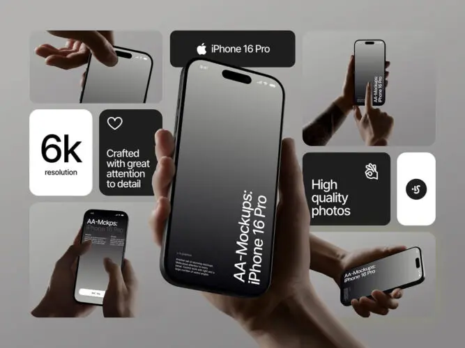 20款工业风手持iPhone 16手机App应用ui设计作品展示效果图ps样机 AA-Mockups iPhone 16 Pro