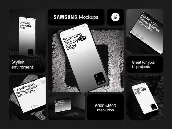 水泥工业风三星安卓手机笔记本平板电脑UI设计展示效果图ps样机 AD-Mockups Samsung Devices