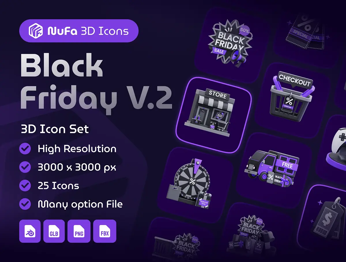 25款黑色星期五电商打折促销优惠活动3D图标icon素材webp免抠图文件 Black Friday V.2 3D Icon Set