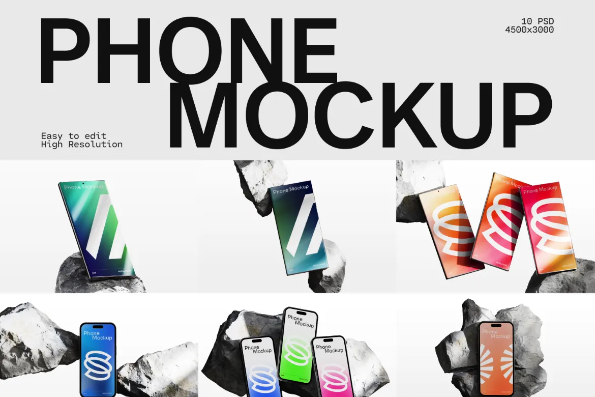 10款岩石工业风iPhone苹果三星手机UI设计作品展示效果图ps样机 Phone Mockup Realitics