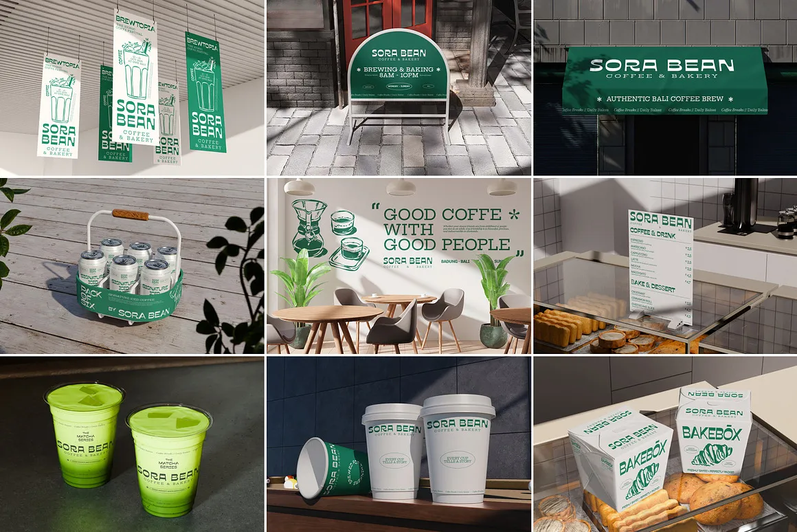 咖啡面包店陈列布置包装全套品牌VI设计作品展示效果图ps样机 Coffee Shop & Bakery Mockups
