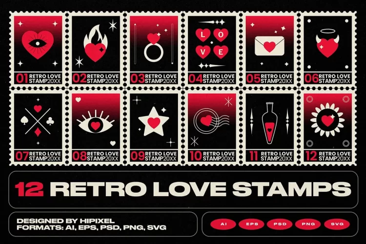 12枚复古浪漫情人节邮票卡片插图矢量设计素材 12 Retro Love Stamps