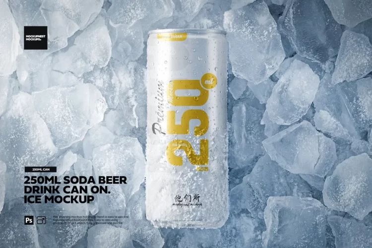 250ml冰雪覆盖饮料金属易拉罐模型品牌包装设计贴图psd样机素材 250ml Soda Beer Drink Can On Ice Mockup